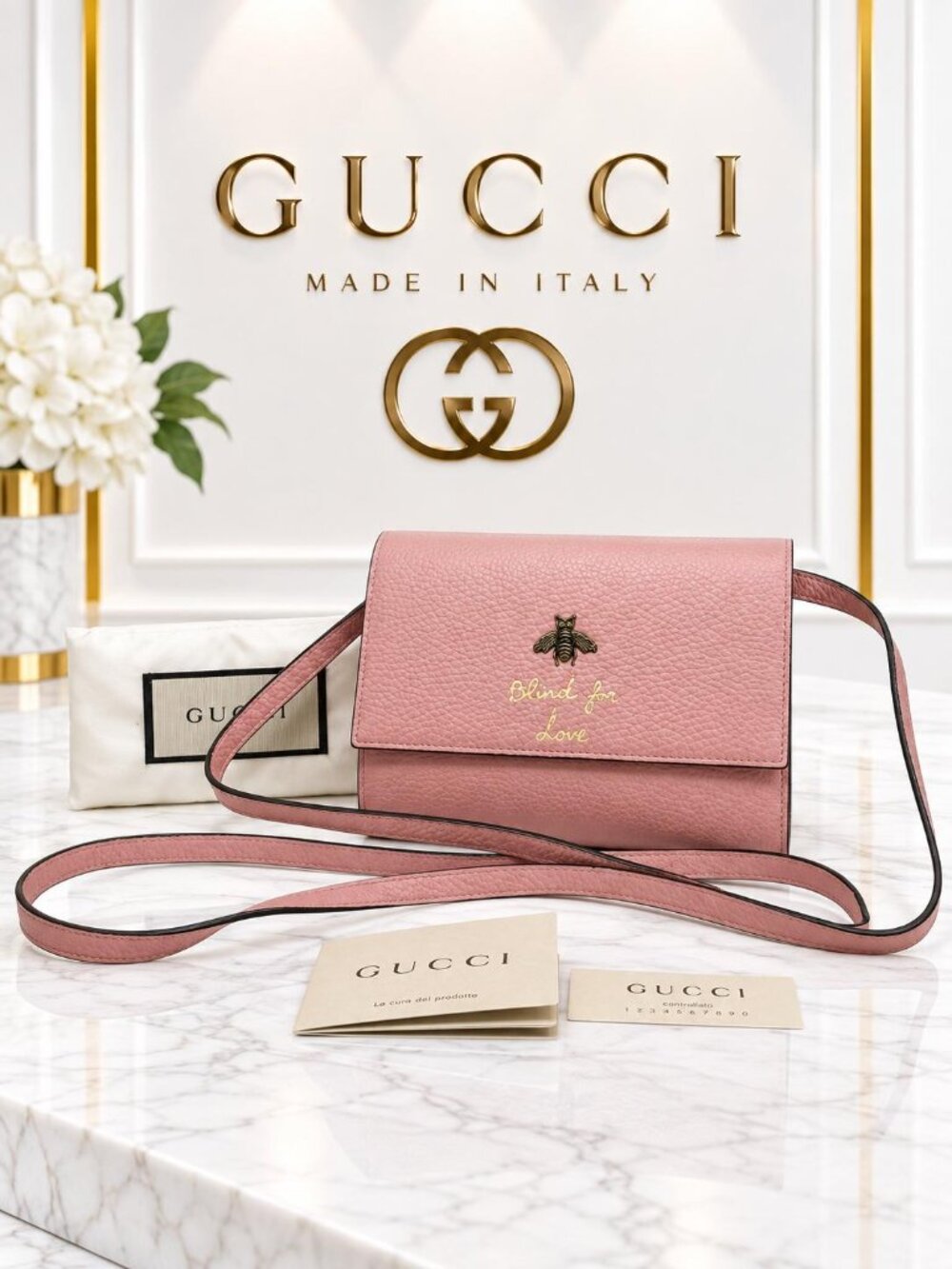 Authentic Gucci Animalier Bee Pink Leather Crossbody Wallet Bag